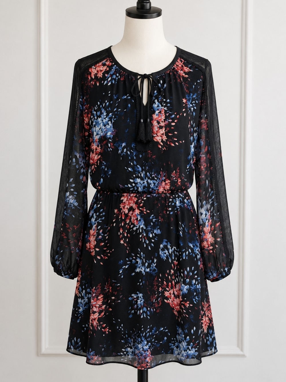 White House Black Market Black Floral Chiffon Dress Sheer Sleeve Tassel Chic